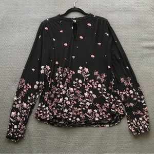 Lucky Brand Soft Black Floral Long Sleeve Blouse Keyhole Front Elastic Sleeve L